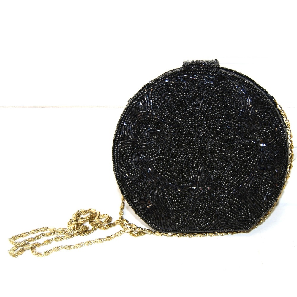 Vintage‎ Pier 1 Imports Passports Black Beaded Purse Gold-tone Removeable strap